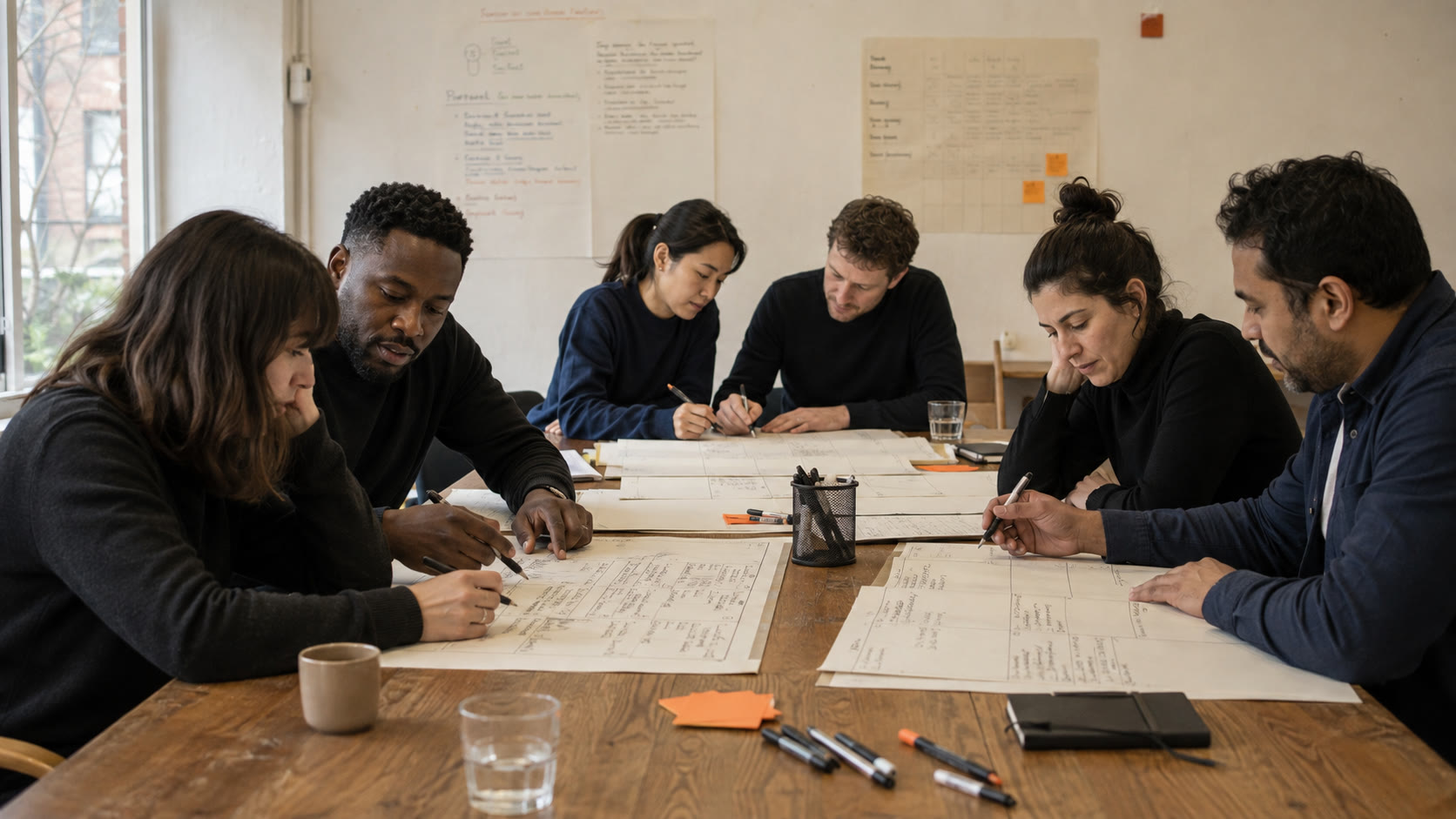 a cohort at work, paper canvases on the table