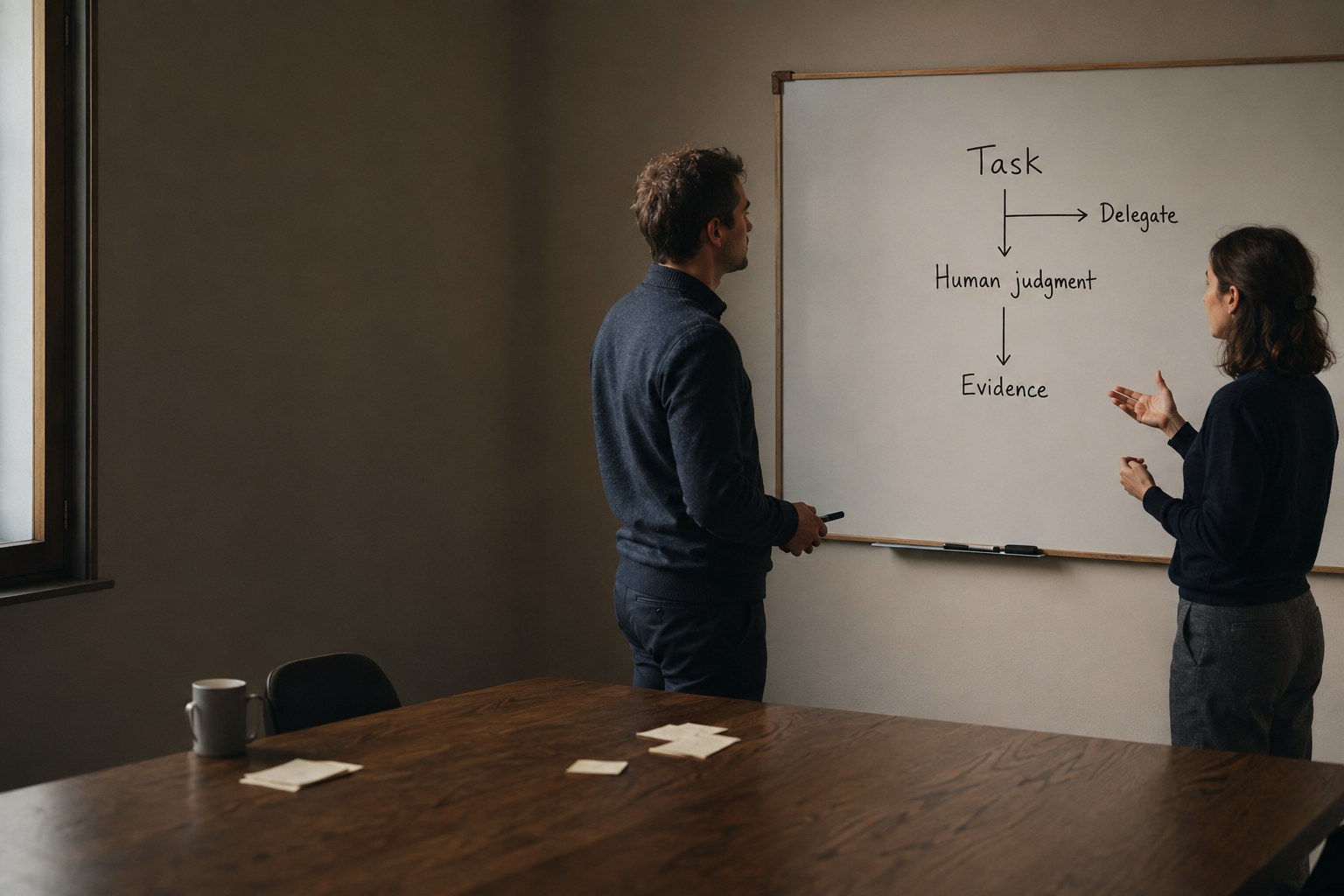 two colleagues at a whiteboard, working through task, human judgment and evidence